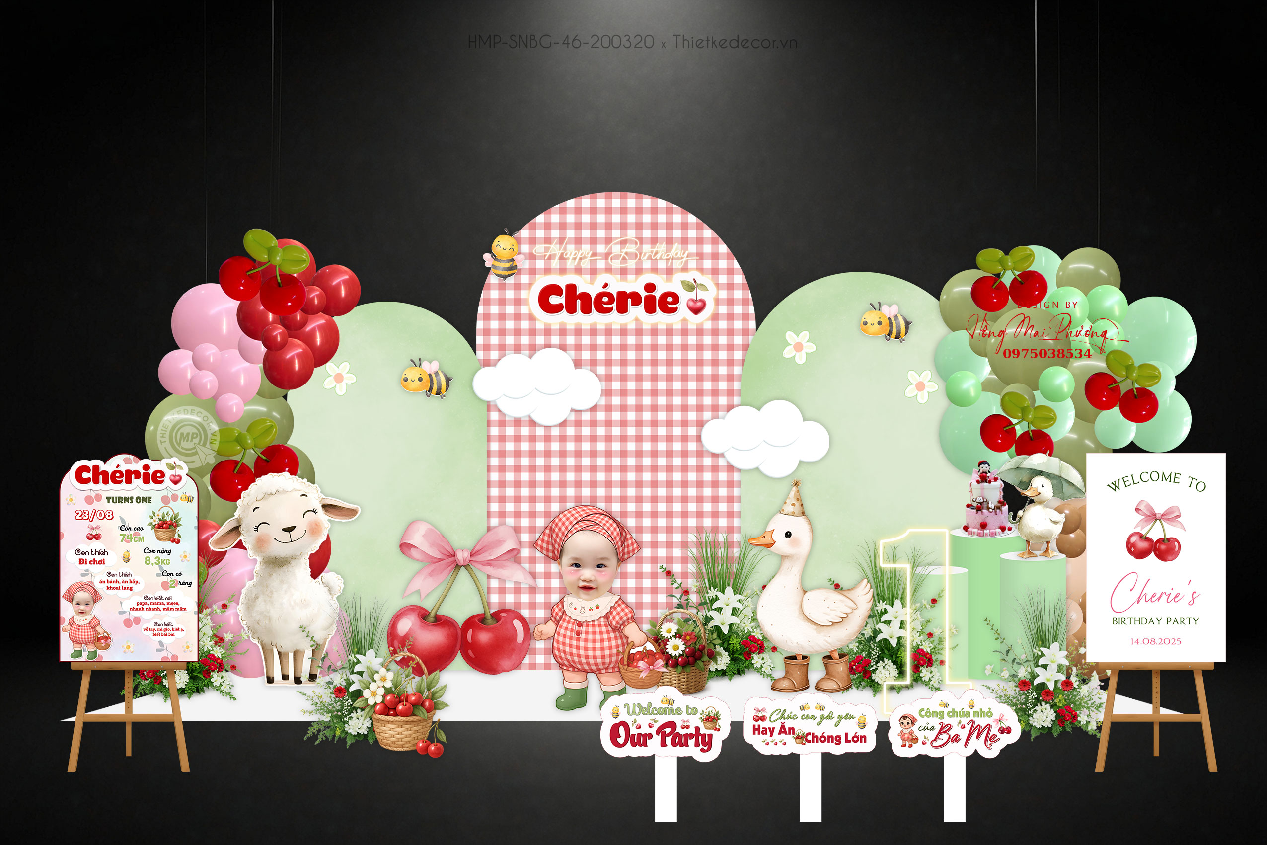 Sinh nhật bé gái chủ đề cherry tone xanh lá mix đỏ